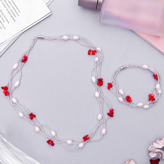 Набор 2 предмета: бусы, браслет "Жемчужное изобилие" коралл, цвет бело-красный, 45 см