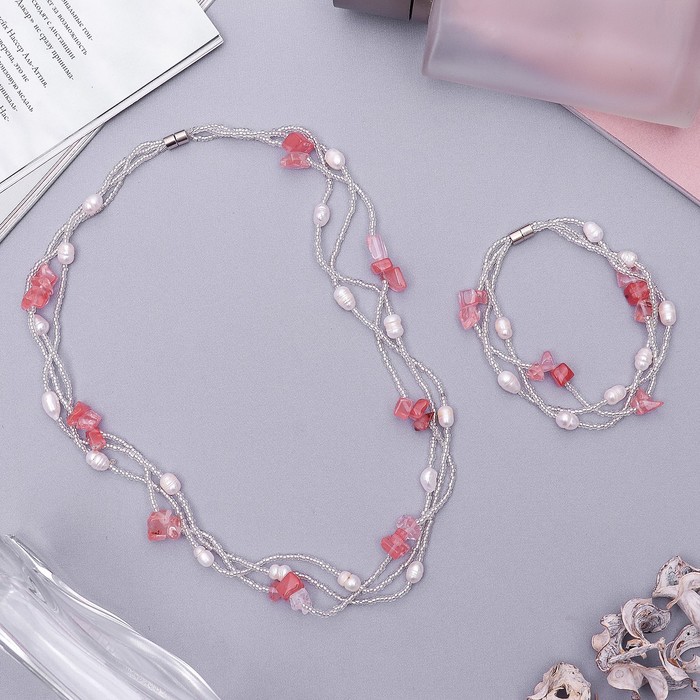 Набор 2 предмета: бусы, браслет "Жемчужное изобилие" кварц, цвет бело-розовый, 45 см