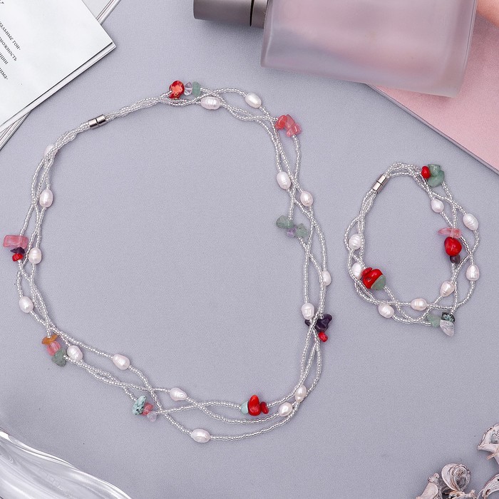 Набор 2 предмета: бусы, браслет "Жемчужное изобилие" самоцвет, цветной, 45 см