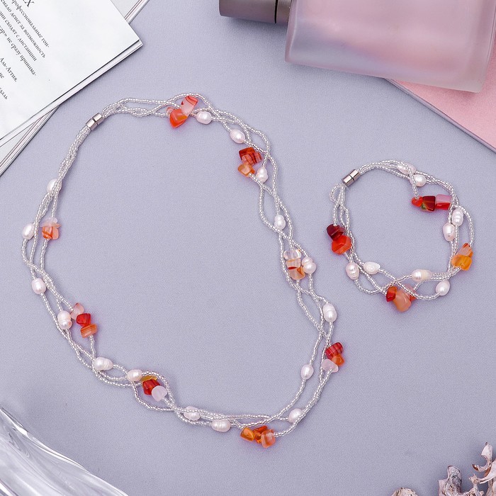 Набор 2 предмета: бусы, браслет "Жемчужное изобилие" сердолик, цвет бело-коричневый, 45 см