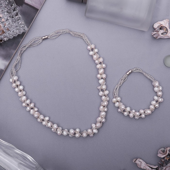 Набор 2 предмета: бусы, браслет "Жемчужное изобилие" крупное плетение, цвет белый, 45 см