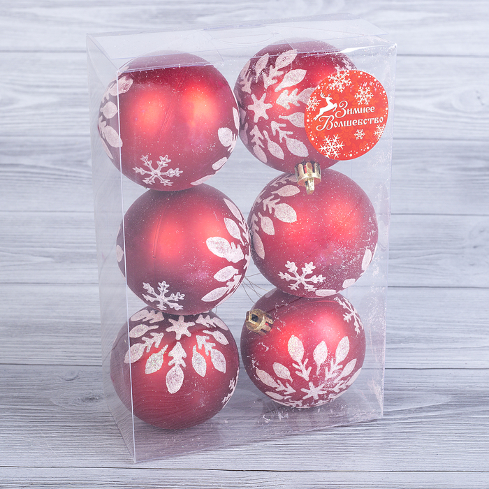 Набор шаров пластик d-6,5 см 6 шт "Снежинка матовая "красный