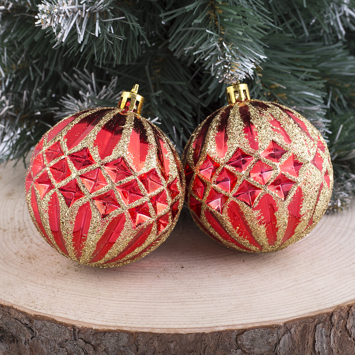 Набор шаров пластик d-7,5 см 3 шт "Рельеф" красный