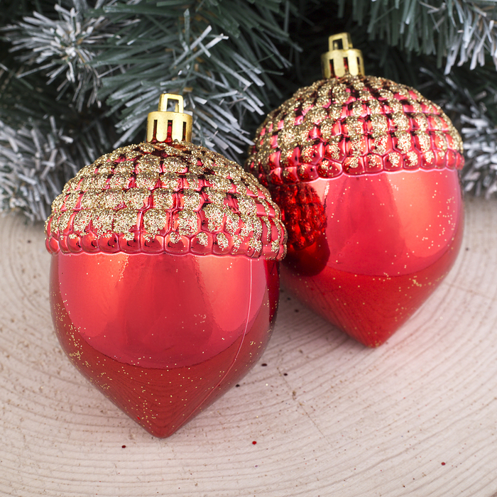 Украшение елочное пластик 7,5*5,5 см 2 шт желуди красный