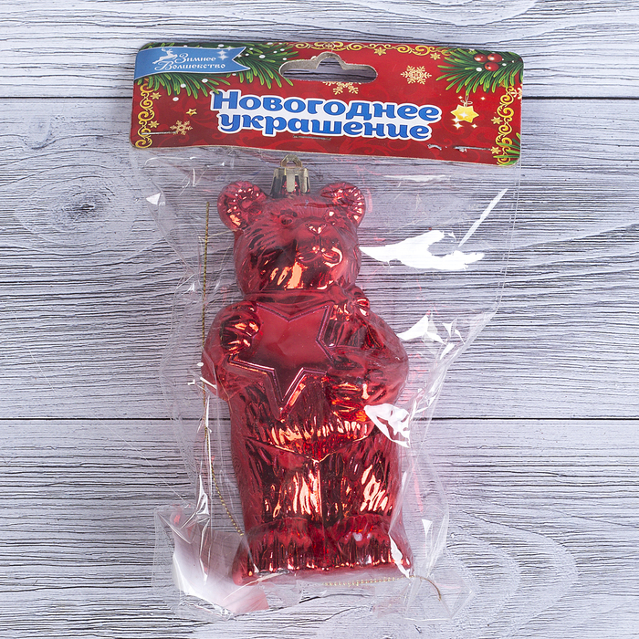 Украшение елочное пластик 12,5*6 см мишка красный