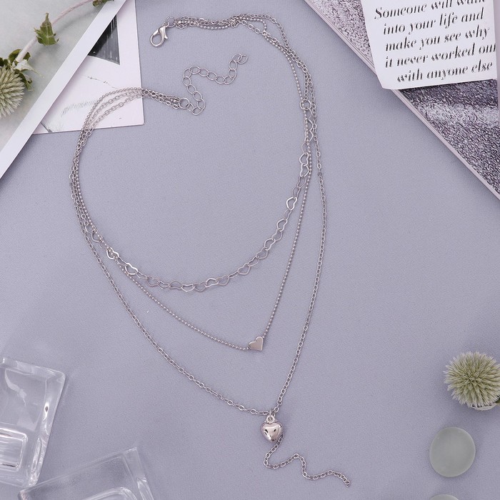 Кулон "Грация нитей" сердечки, 3 ряда, цвет серебро, 43 см