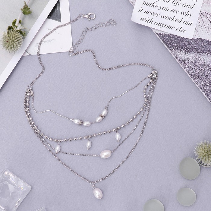 Бусы "Жемчужные нити" овалы, 4 ряда, цвет белый в серебре, 43 см