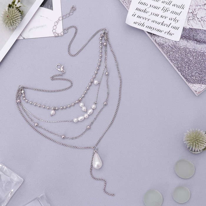 Бусы "Жемчужные нити" капля, 4 ряда, цвет белый в серебре, 43 см