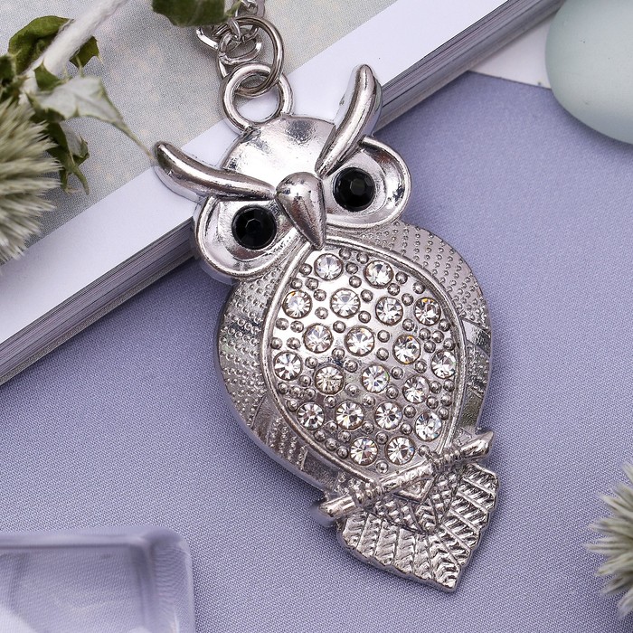 Кулон "Сова" грозная, цвет белый в серебре, 80 см
