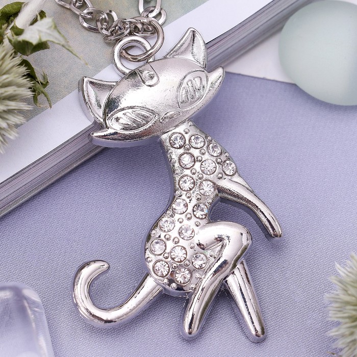 Кулон "Кошечка", цвет белый в серебре, 80 см