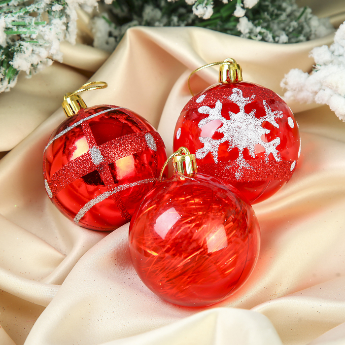 набор шаров пластик d-6 см 9 шт красные снежинка рисунок
