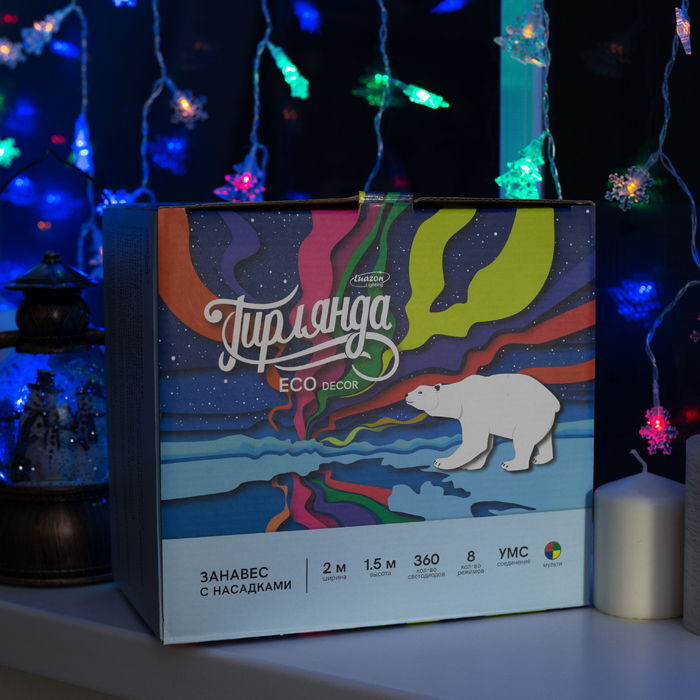 ЗАНАВЕС, УМС вилка "Елки и снежинки" Ш:2 м, В:1,5 м, Н.С. LED-360-220V, 8 режимов, МУЛЬТИ