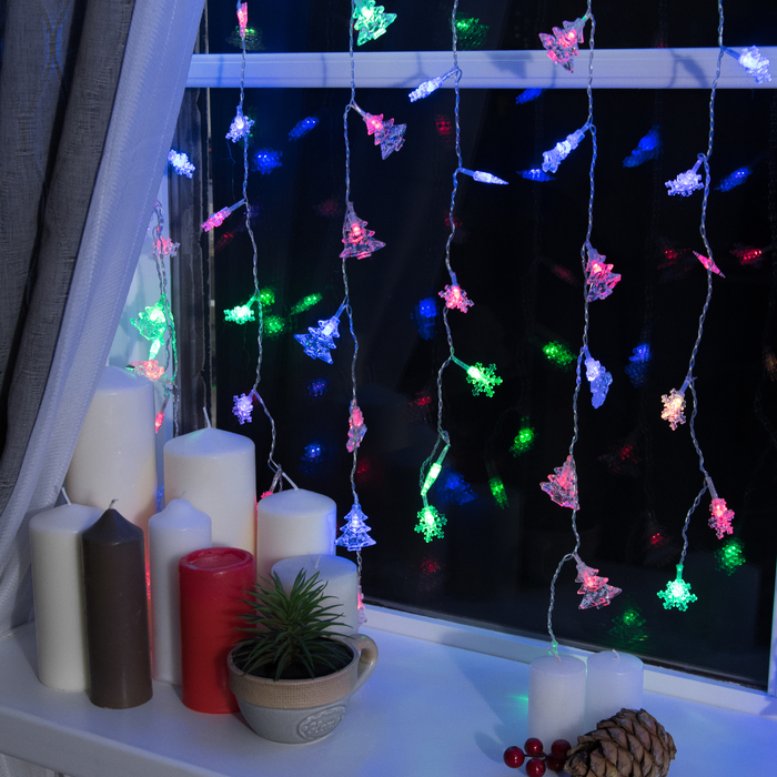 ЗАНАВЕС, УМС вилка "Елки и снежинки" Ш:2 м, В:1,5 м, Н.С. LED-360-220V, моргает, МУЛЬТИ