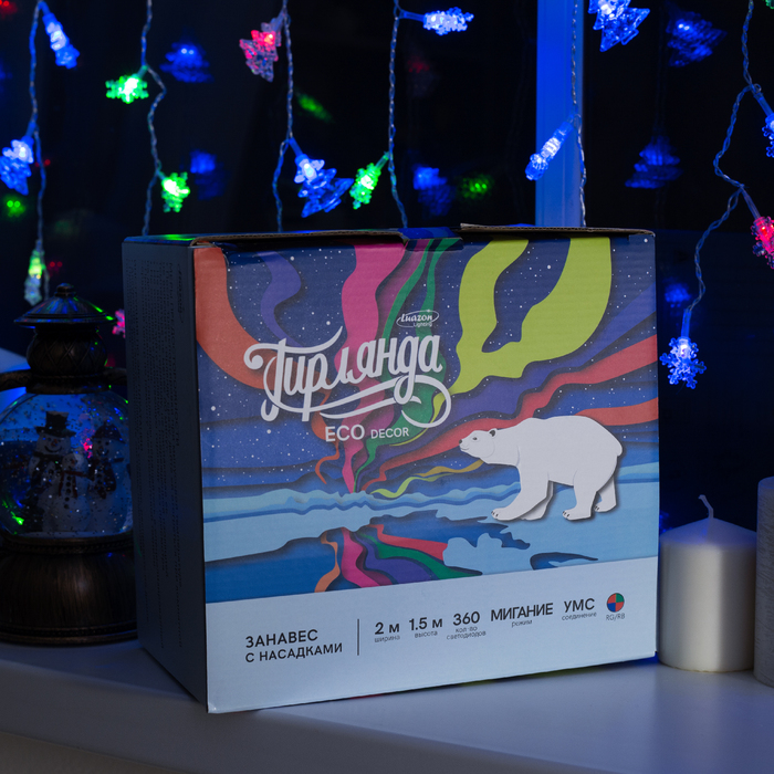 ЗАНАВЕС, УМС вилка "Елки и снежинки" Ш:2 м, В:1,5 м, Н.С. LED-360-220V, моргает, МУЛЬТИ