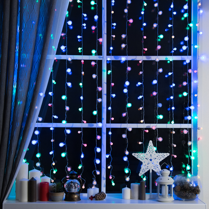 ЗАНАВЕС, УМС вилка "Шарики и Ежики" Ш:2 м, В:1,5 м, Н.С. LED-360-220V, 8 режимов, МУЛЬТИ