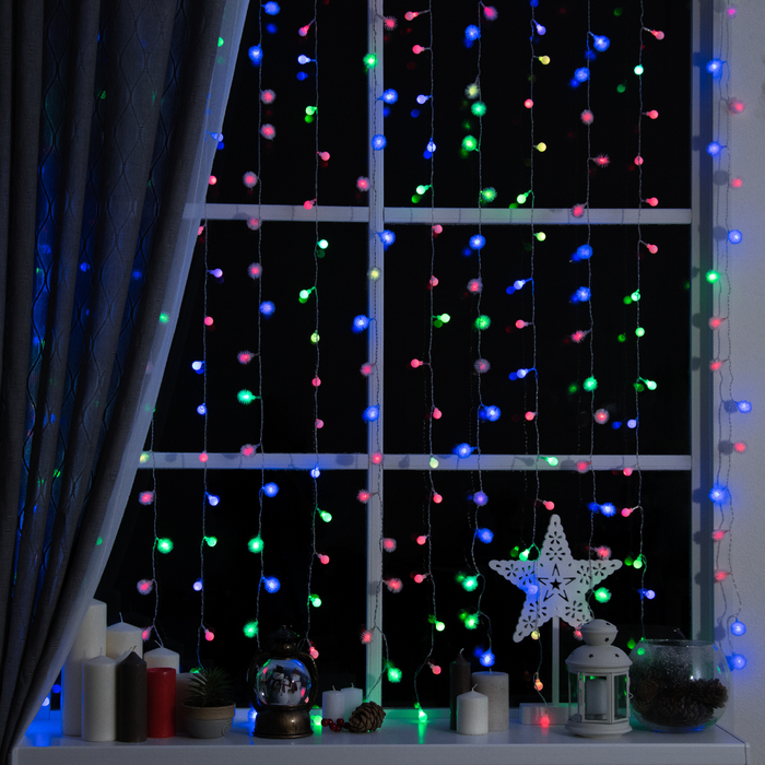 ЗАНАВЕС, УМС вилка "Шарики и Ежики" Ш:2 м, В:1,5 м, Н.С. LED-360-220V, моргает, МУЛЬТИ(RG/RB