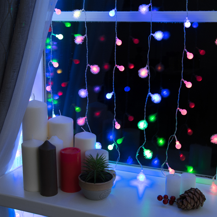 ЗАНАВЕС, УМС вилка "Шарики и Ежики" Ш:2 м, В:1,5 м, Н.С. LED-360-220V, моргает, МУЛЬТИ(RG/RB