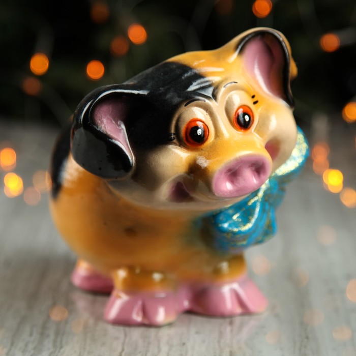 Копилка "Свинка с бантом" бежевый/желтый микс глянец