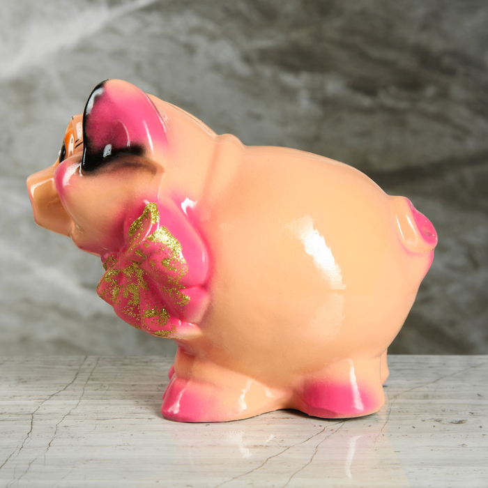 Копилка "Свинка с бантом" бежевый/желтый микс глянец