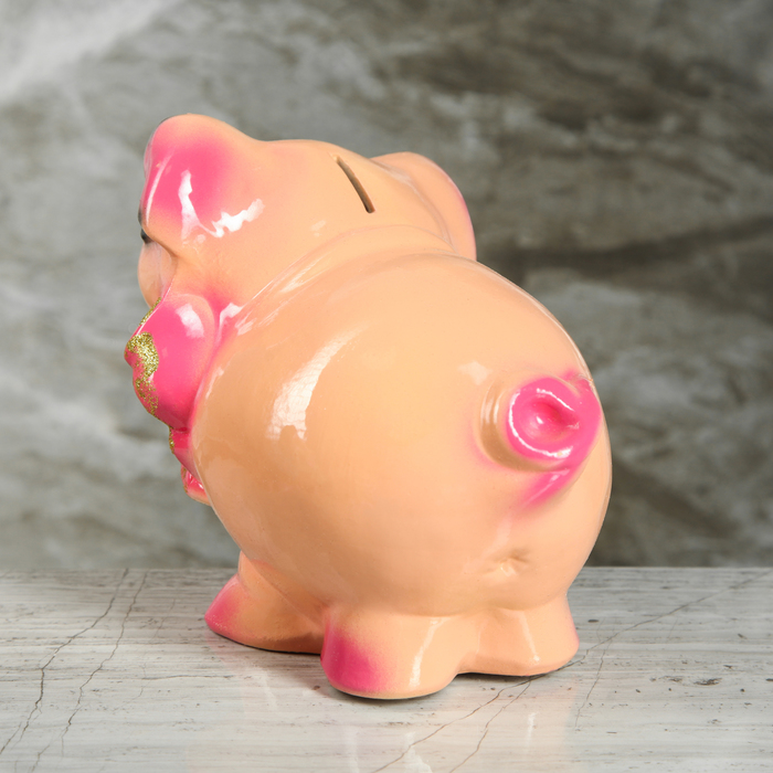 Копилка "Свинка с бантом" бежевый/желтый микс глянец