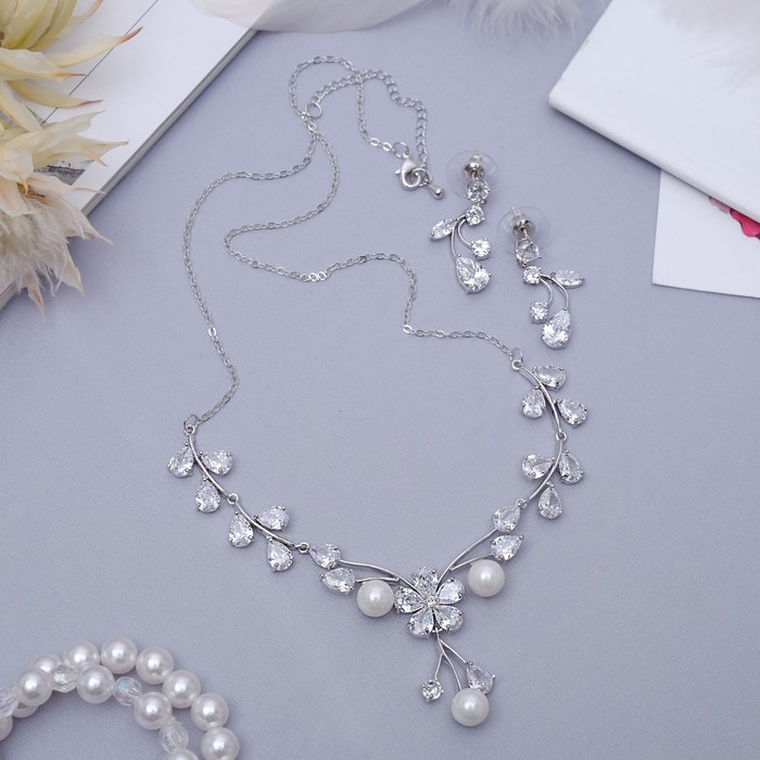 Набор 2 предмета: серьги, колье "Циркония" изумление, ветвь, цвет белый в серебре, 45 см