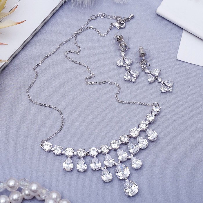 Набор 2 предмета: серьги, колье "Циркония" изумление, водопад, цвет белый в серебре, 45 см