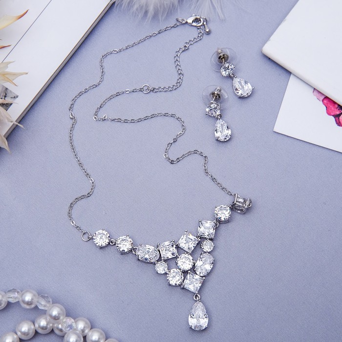 Набор 2 предмета: серьги, колье "Циркония" изумление, капли, цвет белый в серебре, 45 см