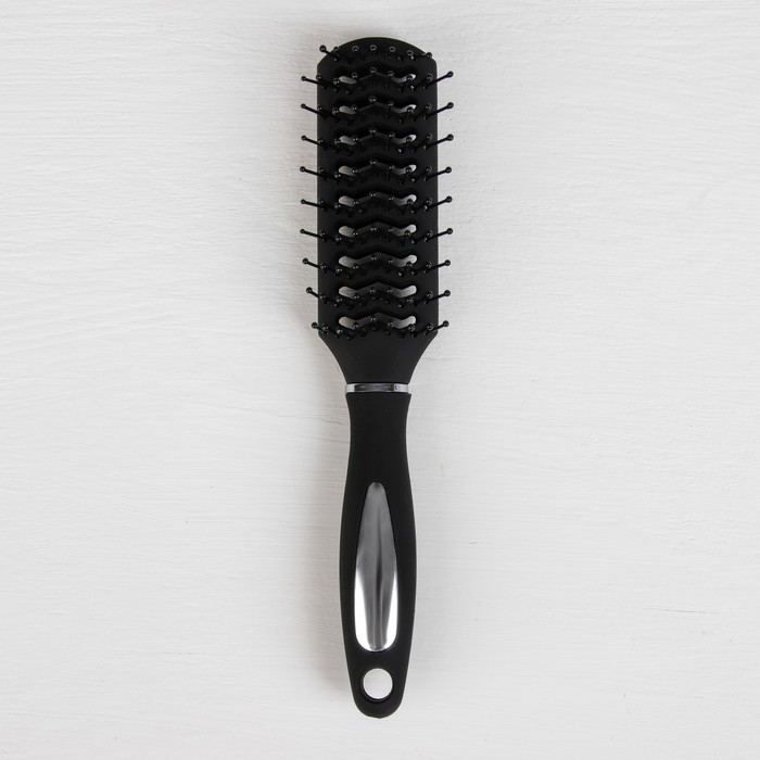 Расчёска массажная, прямоугольная, вентилируемая, прорезиненная, 23(±1)см, цвет серебряный/чёрный