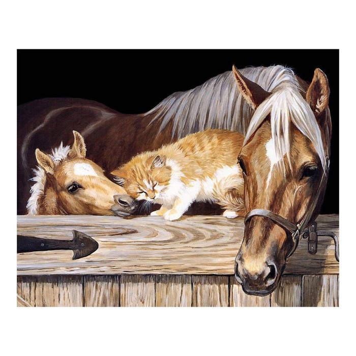 Картина стразами "Лошадь, жеребёнок и рыжий кот"