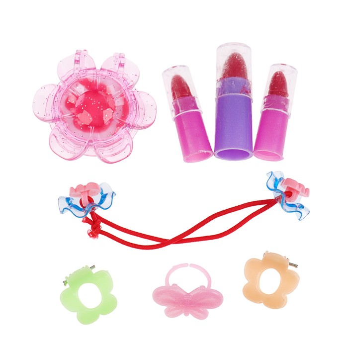 Набор косметики для девочки блеск д/губ,помада 3шт.заколки для волос 2шт.кольцо.резинка.