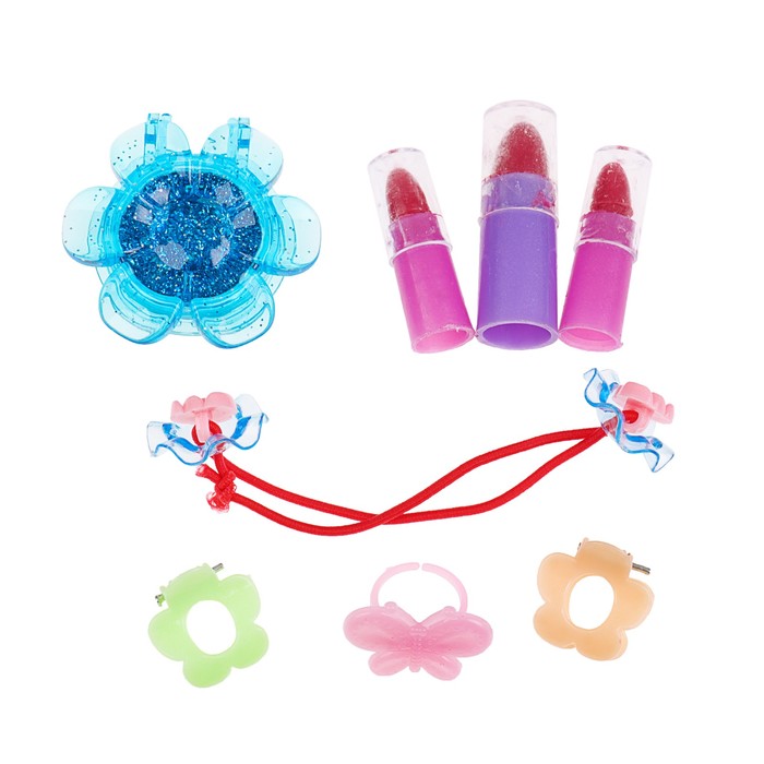 Набор косметики для девочки блеск д/губ,помада 3шт.заколки для волос 2шт.кольцо.резинка.