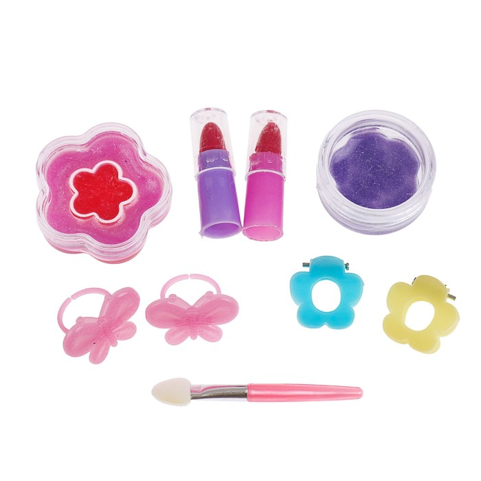 Набор косметики для девочки блеск д/губ 2 шт,помада 2 шт.заколки 2шт.кольцо 2 шт.аппликатор