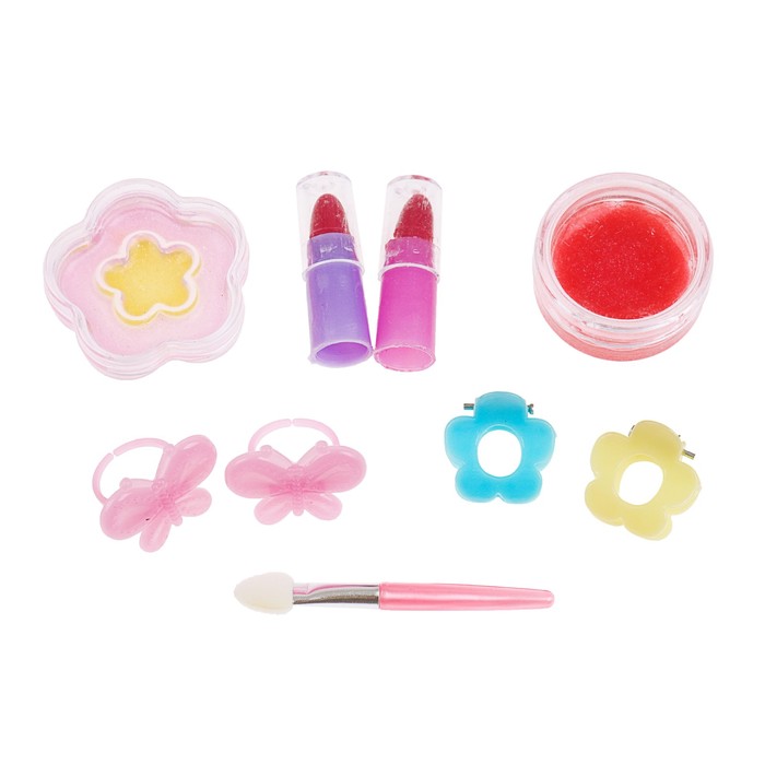 Набор косметики для девочки блеск д/губ 2 шт,помада 2 шт.заколки 2шт.кольцо 2 шт.аппликатор