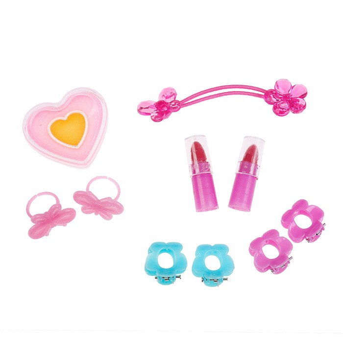 Набор косметики для девочки блеск д/губ,помада 2шт.заколки для волос 4шт.кольца 2шт.резинка.