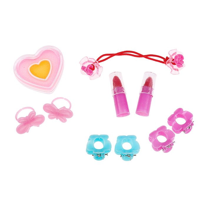 Набор косметики для девочки блеск д/губ,помада 2шт.заколки для волос 4шт.кольца 2шт.резинка.