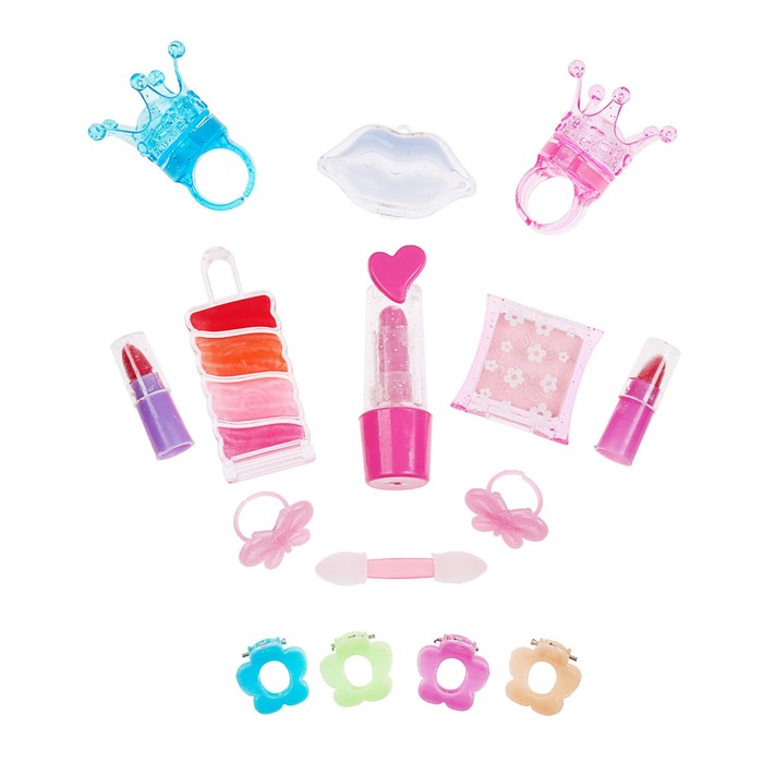 Набор косметики для девочки блеск д/губ 4шт,помада 2шт,тени 2шт,заколки 4шт,аппликатор.кольцо