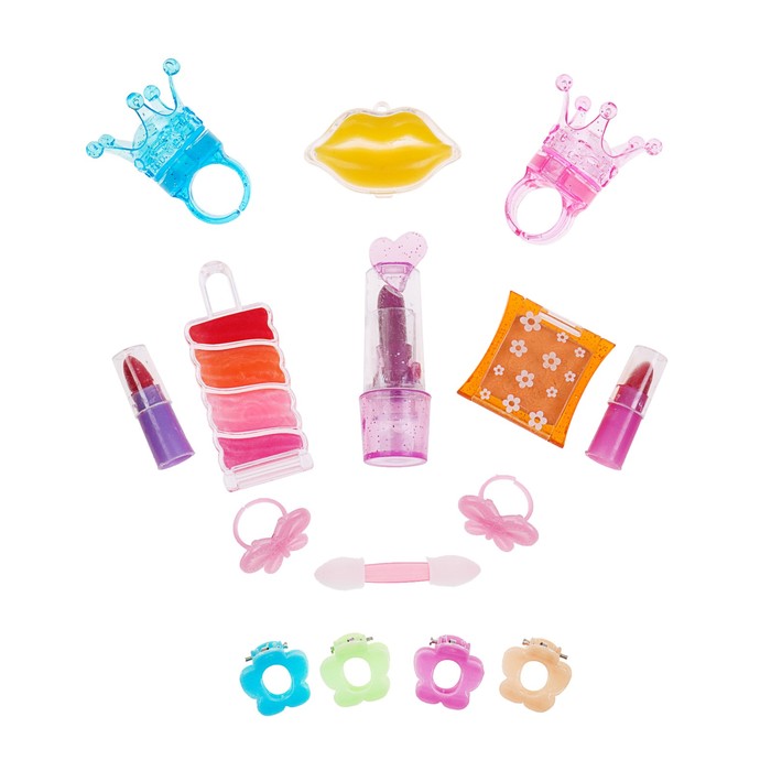Набор косметики для девочки блеск д/губ 4шт,помада 2шт,тени 2шт,заколки 4шт,аппликатор.кольцо