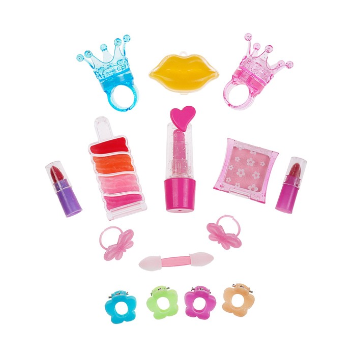 Набор косметики для девочки блеск д/губ 4шт,помада 2шт,тени 2шт,заколки 4шт,аппликатор.кольцо