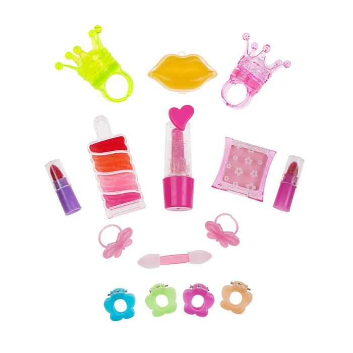 Набор косметики для девочки блеск д/губ 4шт,помада 2шт,тени 2шт,заколки 4шт,аппликатор.кольцо