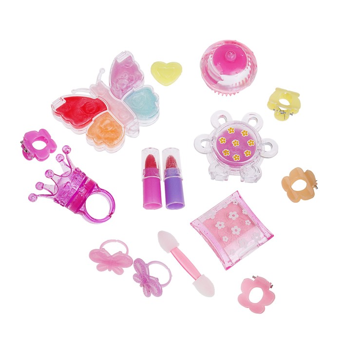 Набор косметики для девочки блеск д/губ 4шт,помада 2шт,тени,заколки 5шт,аппликатор.кольцо 2шт