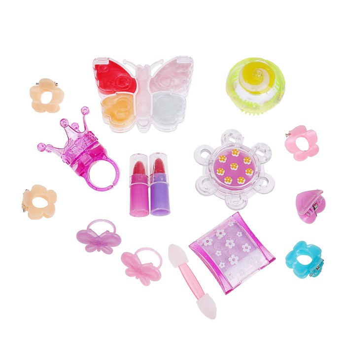 Набор косметики для девочки блеск д/губ 4шт,помада 2шт,тени,заколки 5шт,аппликатор.кольцо 2шт
