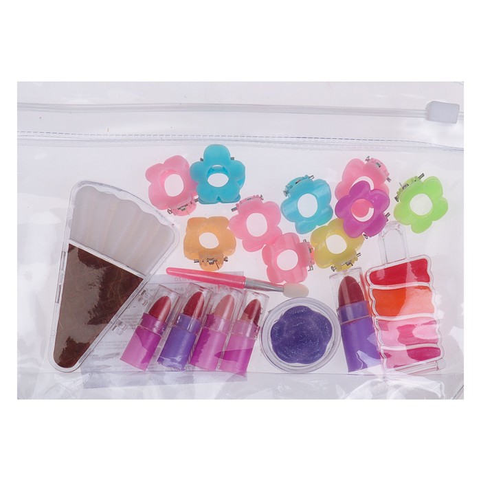 Набор косметики для девочки блеск д/губ 3 шт,помада 5шт,заколки 10шт.аппликатор