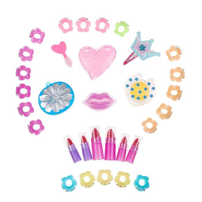 Набор косметики для девочки МИКС блеск д/губ 4шт,помада 6шт,заколки 21шт.аппликатор.