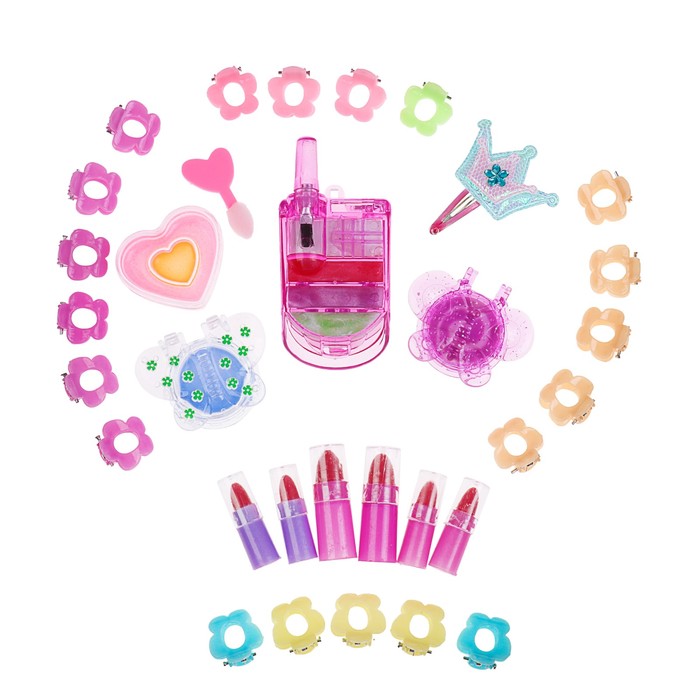 Набор косметики для девочки МИКС блеск д/губ 4шт,помада 6шт,заколки 21шт.аппликатор.