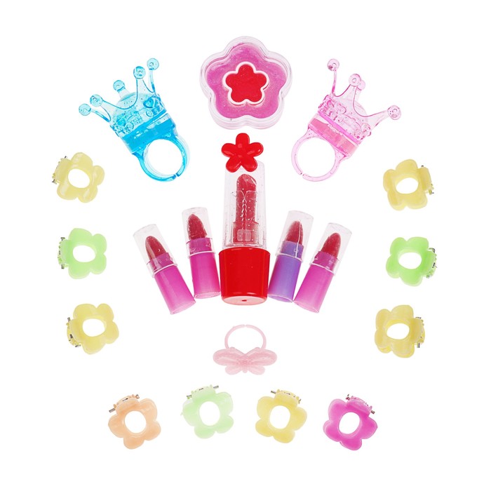 Набор косметики для девочки блеск д/губ 3 шт,помада 5шт,заколки 10шт.кольцо.