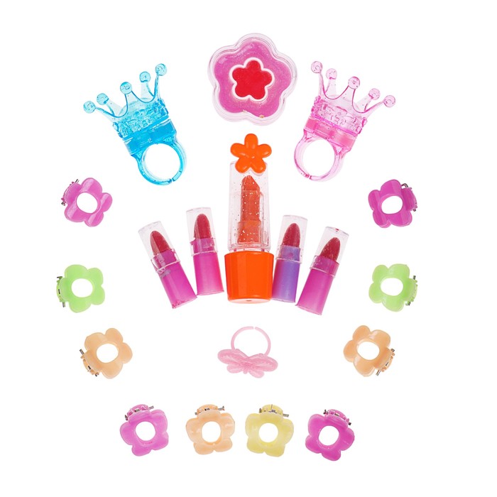 Набор косметики для девочки блеск д/губ 3 шт,помада 5шт,заколки 10шт.кольцо.