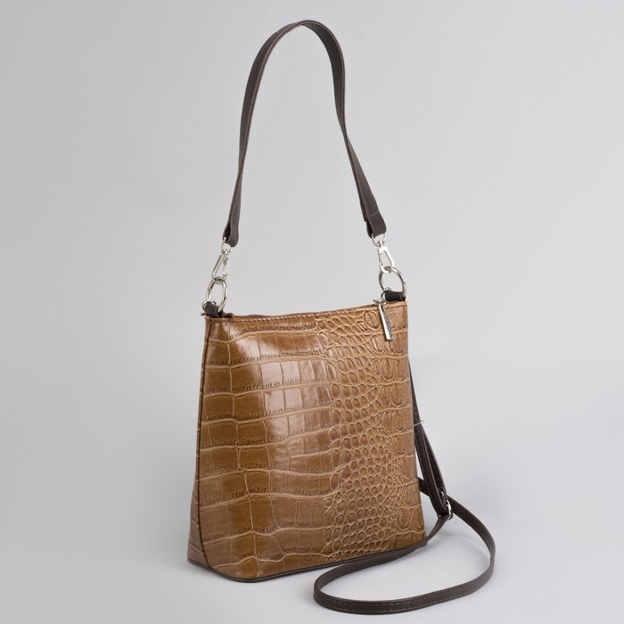 Сумка женская, отдел на молнии, наружный карман, длинный ремень, крокодил, цвет тёмно-бежевый