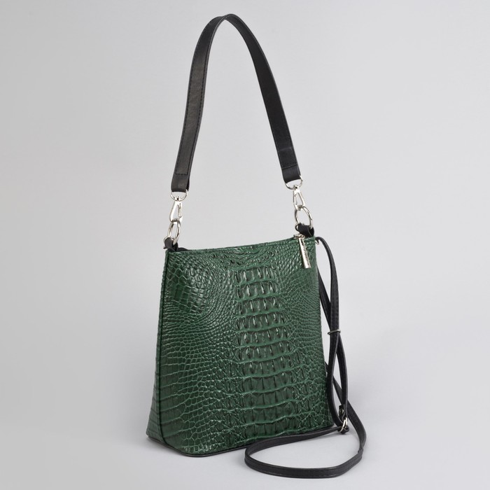 Сумка женская, отдел на молнии, наружный карман, длинный ремень, крокодил малахит