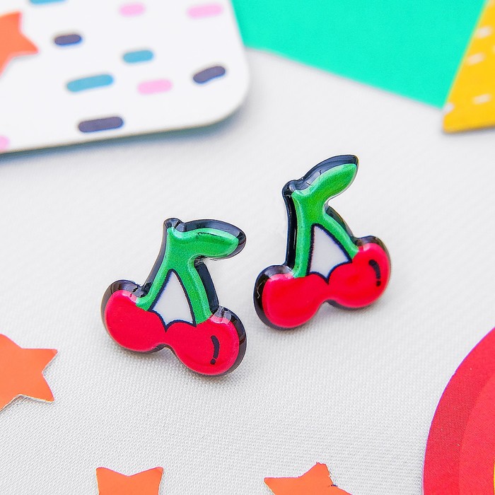 Пуссеты 6 пар "Вишенки", цвет красно-зелёный