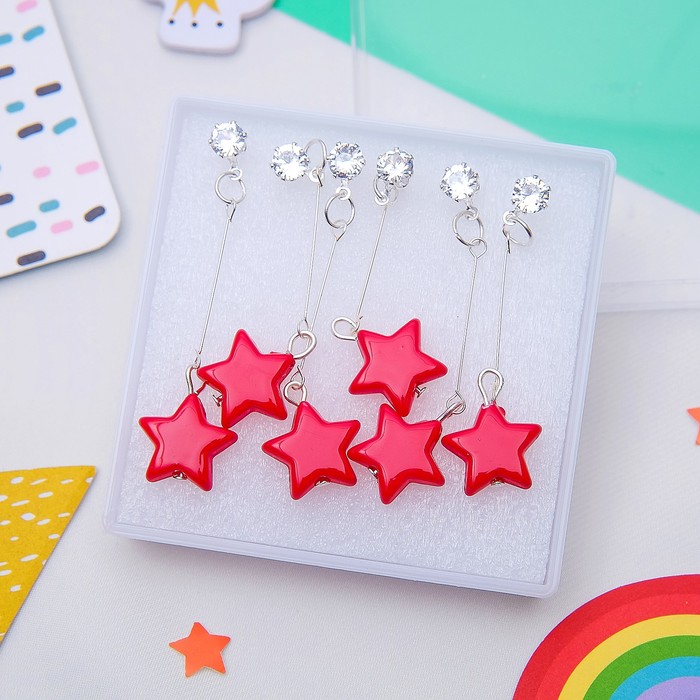 Серьги 3 пары "Сердечки и звёздочки", цвет красный в серебре